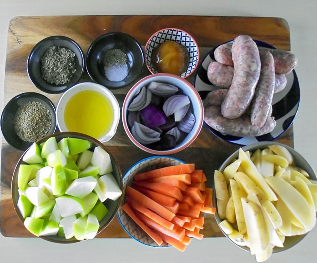 One tray sausages with apple bake ingredients